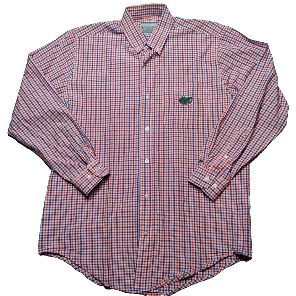 FLORIDA GATORS Men Small Campus Specialties Blue & Orange Check Button Shirt EUC